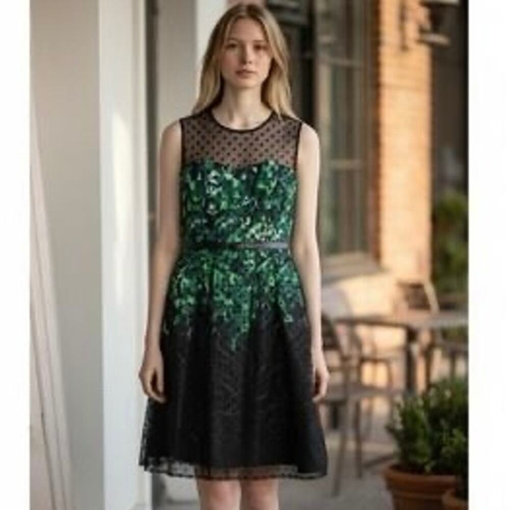 black and green floral cocktail dress sheer polka-dot mesh neckline thin belt 12